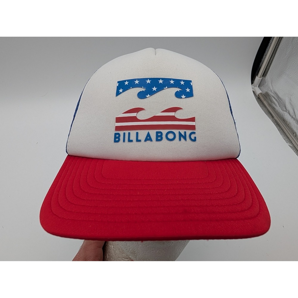 Billabong Kids Trucker Hat Red White Blue Stars Stripes Logo Snapback Mesh Cap